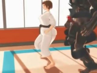 Hentai karate lassie kokhalzen op een massief lid in 3d