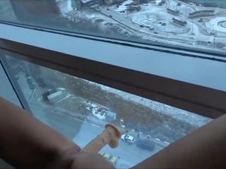 Extraordinary AMATEUR WIFE FUCKING LARGE DILDO ON WINDOW ABOVE THE FALLS
